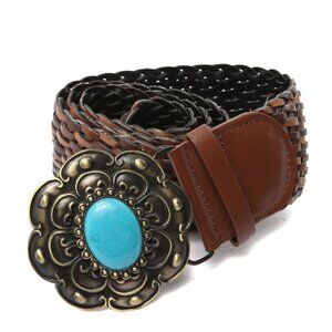 Debenhams UK Western Braided Wide Faux Leather Belt Woven Turquoise Stone Bronze